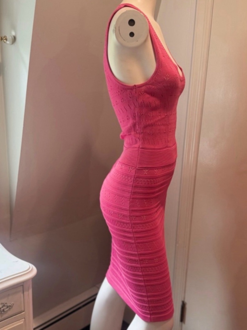 French Connection Pink Pointelle Knit Bodycon Midi Dress | US 6 - Picture 4 of 12